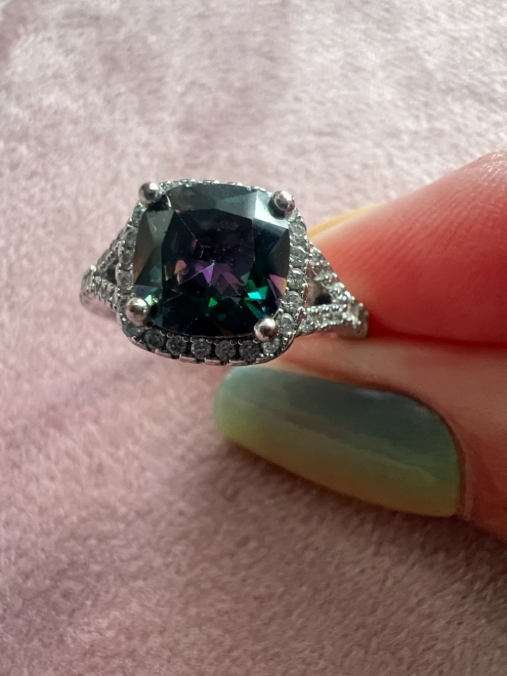 Silver Halo Ring with Deep Teal Cushion Stone